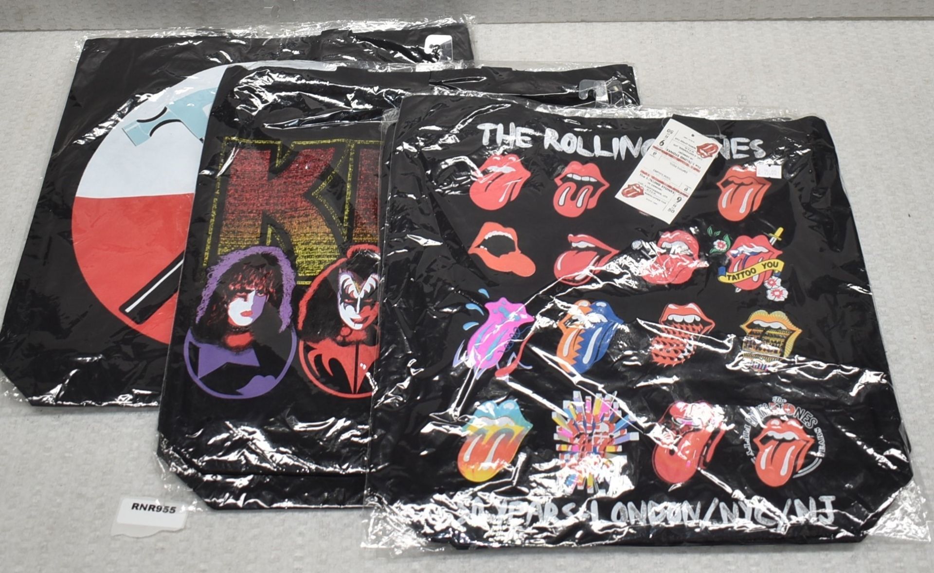 6 x Tote Shopper Bags Featuring The Rolling Stones, Kiss and Pink Floyd - Size: 40 x 40 cms