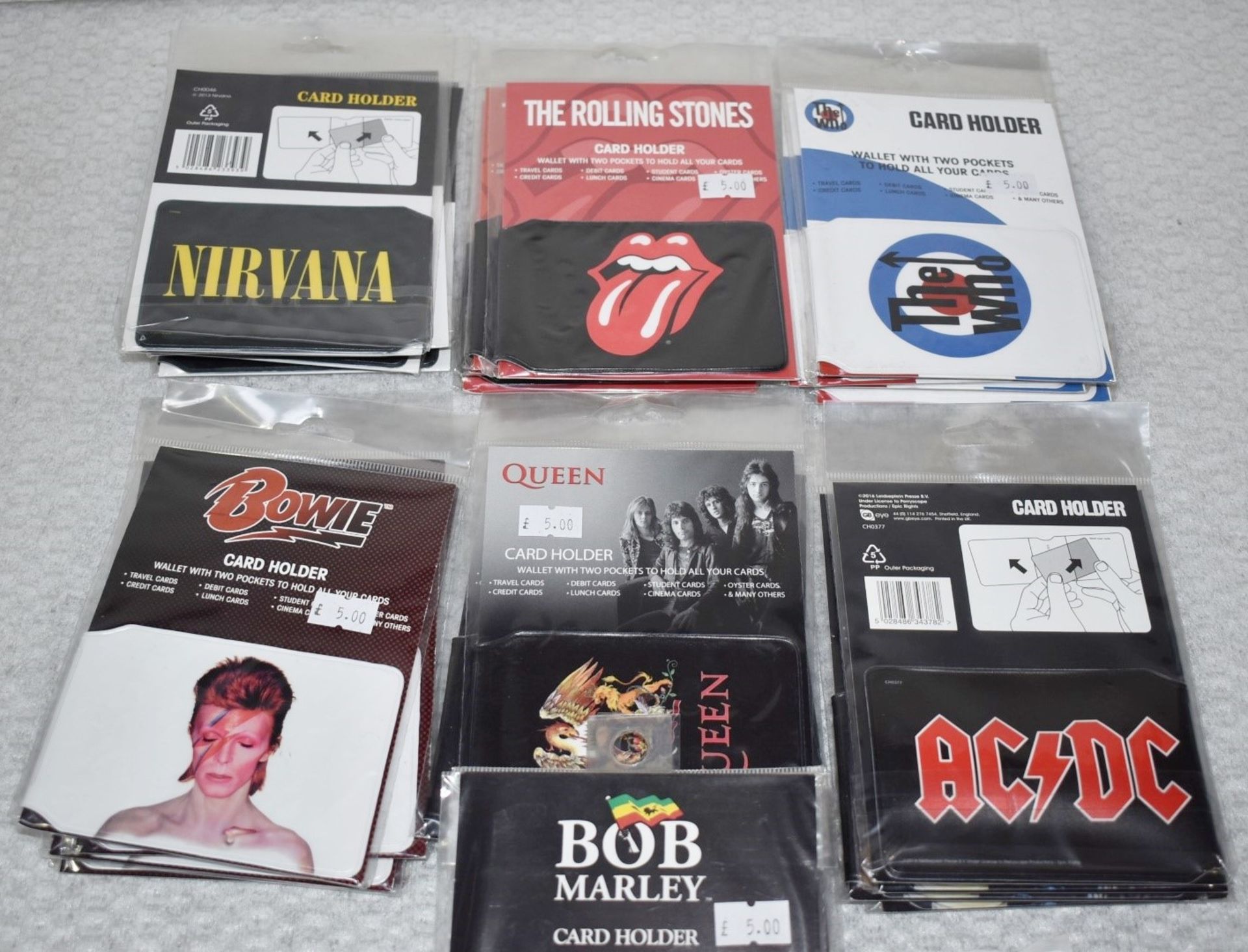 28 x Card Holder Wallets - Bowie, Nirvana, Rolling Stones, ACDC, Bob Marley, Queen - RRP £140