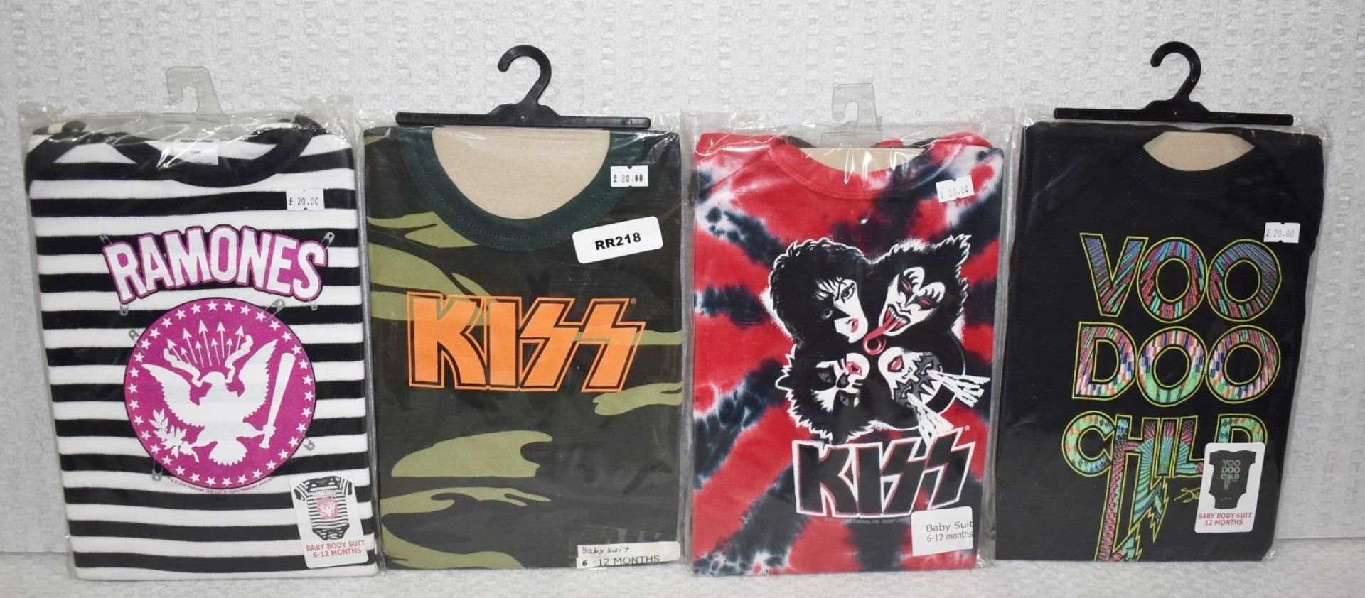 4 x Rock n Roll Themed Baby Suits - Ages 6-12 Months - Features Various Rock Bands - New - RRP £80