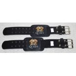 2 x Queen Adjustable Leather Wrist Straps With Crest Logo - Studded Leather With Metal Buckle -