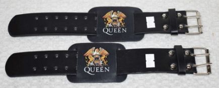 2 x Queen Adjustable Leather Wrist Straps With Crest Logo - Studded Leather With Metal Buckle -