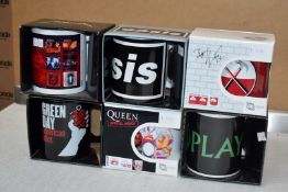 6 x Assorted Rock n Roll Themed Band Drinking Mugs - Includes Green Day, Oasis, Coldplay, Bowie,