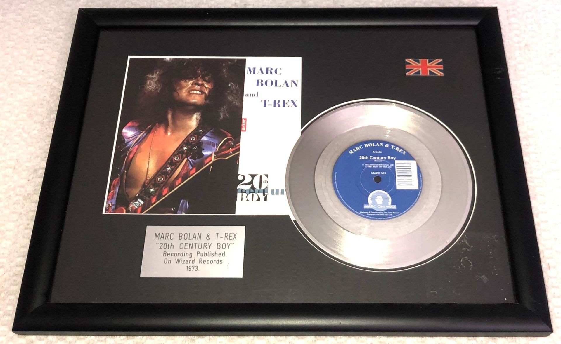 1 x Framed MARC BOLAN & T-REX Silver 7 Inch Vinyl Record - 20th CENTURY BOY