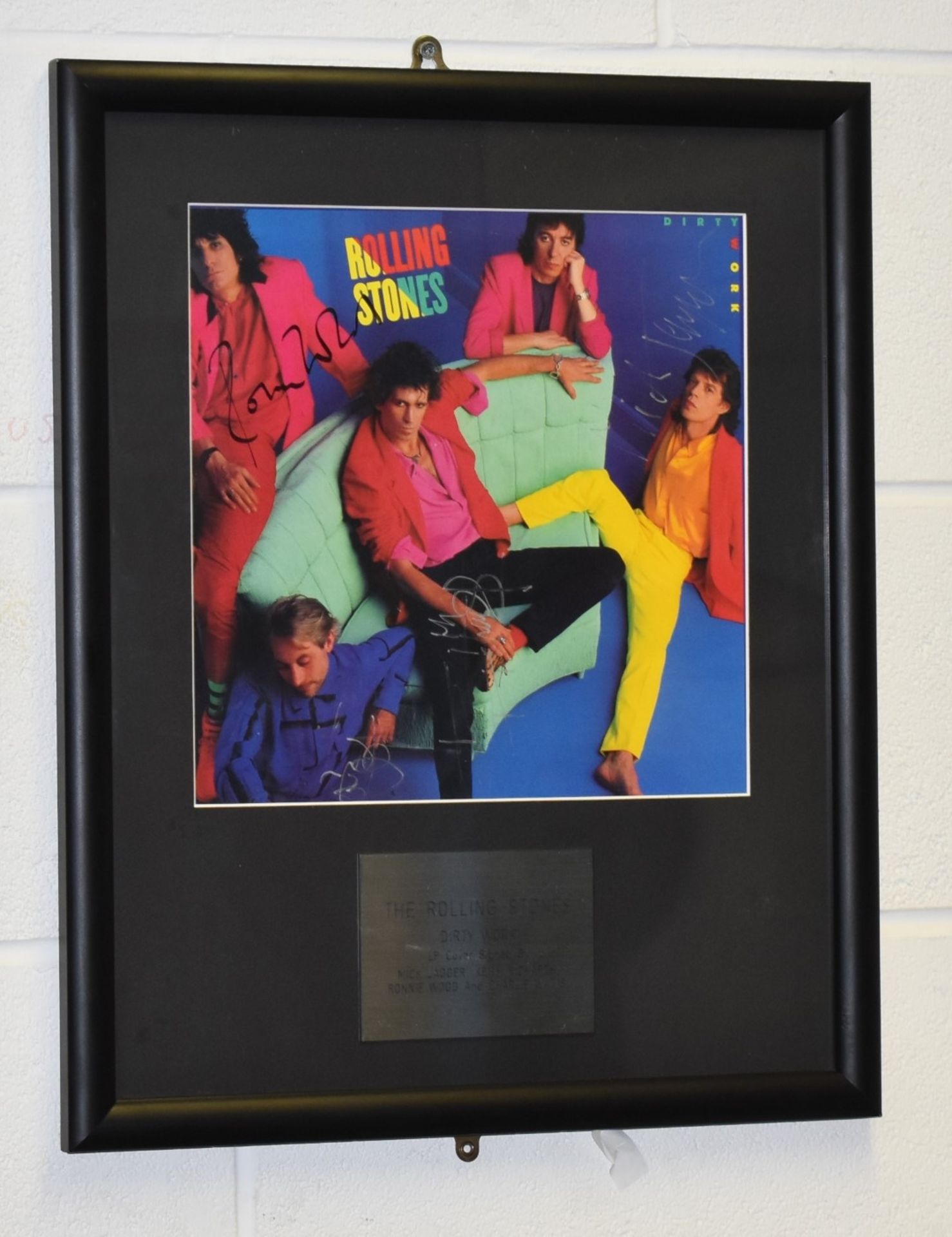 1 x Authentic ROLLING STONES Dirty Work Album Cover Signed By Jagger, Richards, Wood & Watts