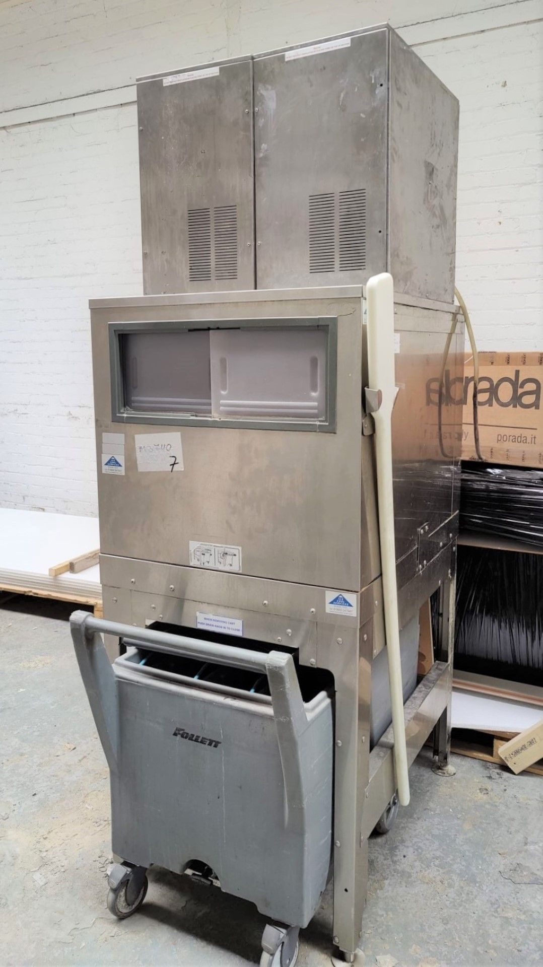 1 x Commercial Ice Machine With Two Ice Heads and Storage Bin and Transport Trolley