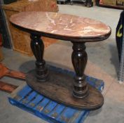 1 x Mahogany Traditional Pub Table With Twin Carved Pillar Base and Oval Marble Insert Table Top