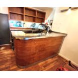 1 x Contemporary Curved Wooden Drinks Bar Featuring a Stainless Steel Bartop and Backbar