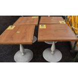 4 x Wooden Topped Bistro Tables Featuring Inlaid Brass Work And Sturdy Metal Bases