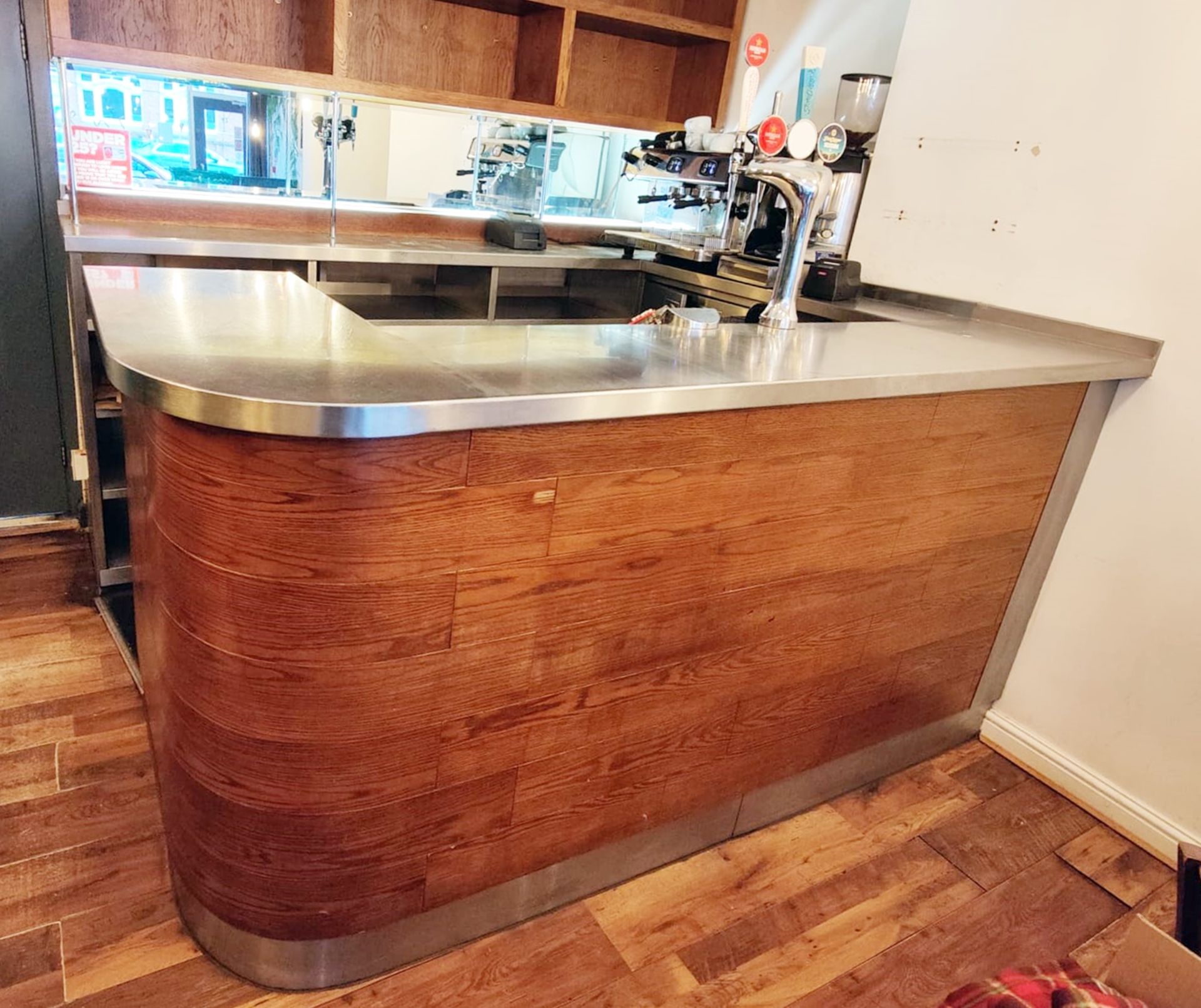 1 x Contemporary Curved Wooden Drinks Bar Featuring a Stainless Steel Bartop and Backbar - Image 2 of 22
