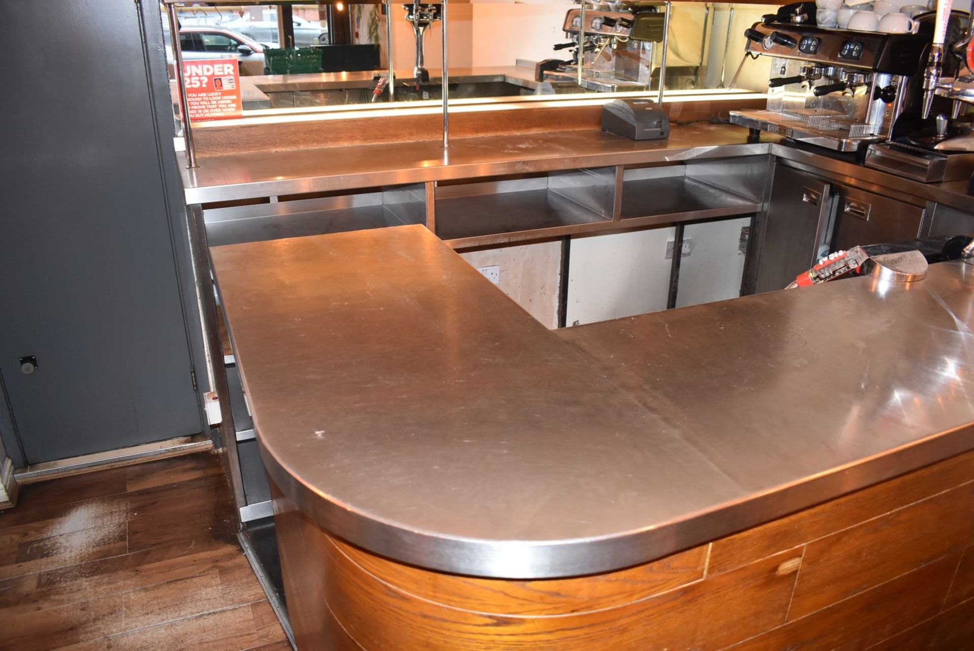 1 x Contemporary Curved Wooden Drinks Bar Featuring a Stainless Steel Bartop and Backbar - Image 16 of 22