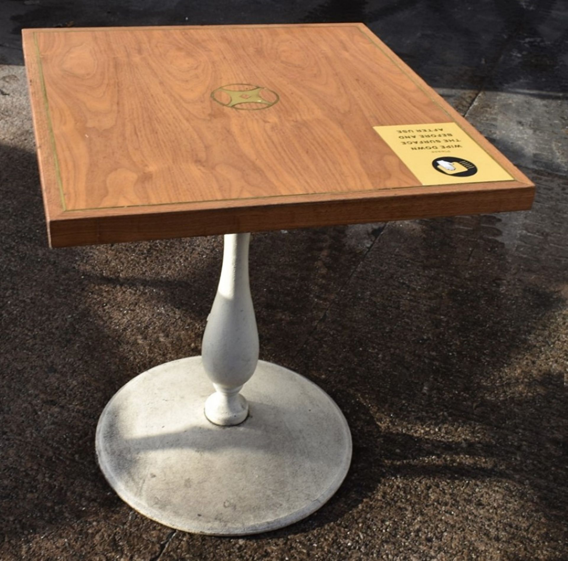 4 x Wooden Topped Bistro Tables Featuring Inlaid Brass Work And Sturdy Metal Bases - Image 3 of 7