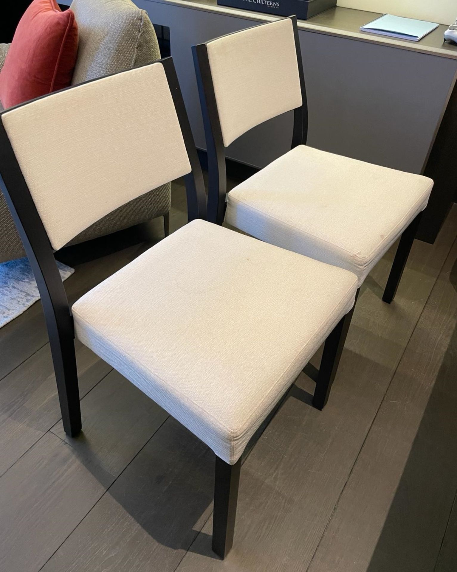 4 x MONBEL Designer Dining Chairs With Dark Wood Frame And Cream Fabric Upholstery - Image 2 of 11