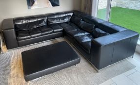 1 x CIERRE Luxury Italian Soft Black Leather Corner Sofa With Matching Pouffe - NO VAT ON THE HAMMER