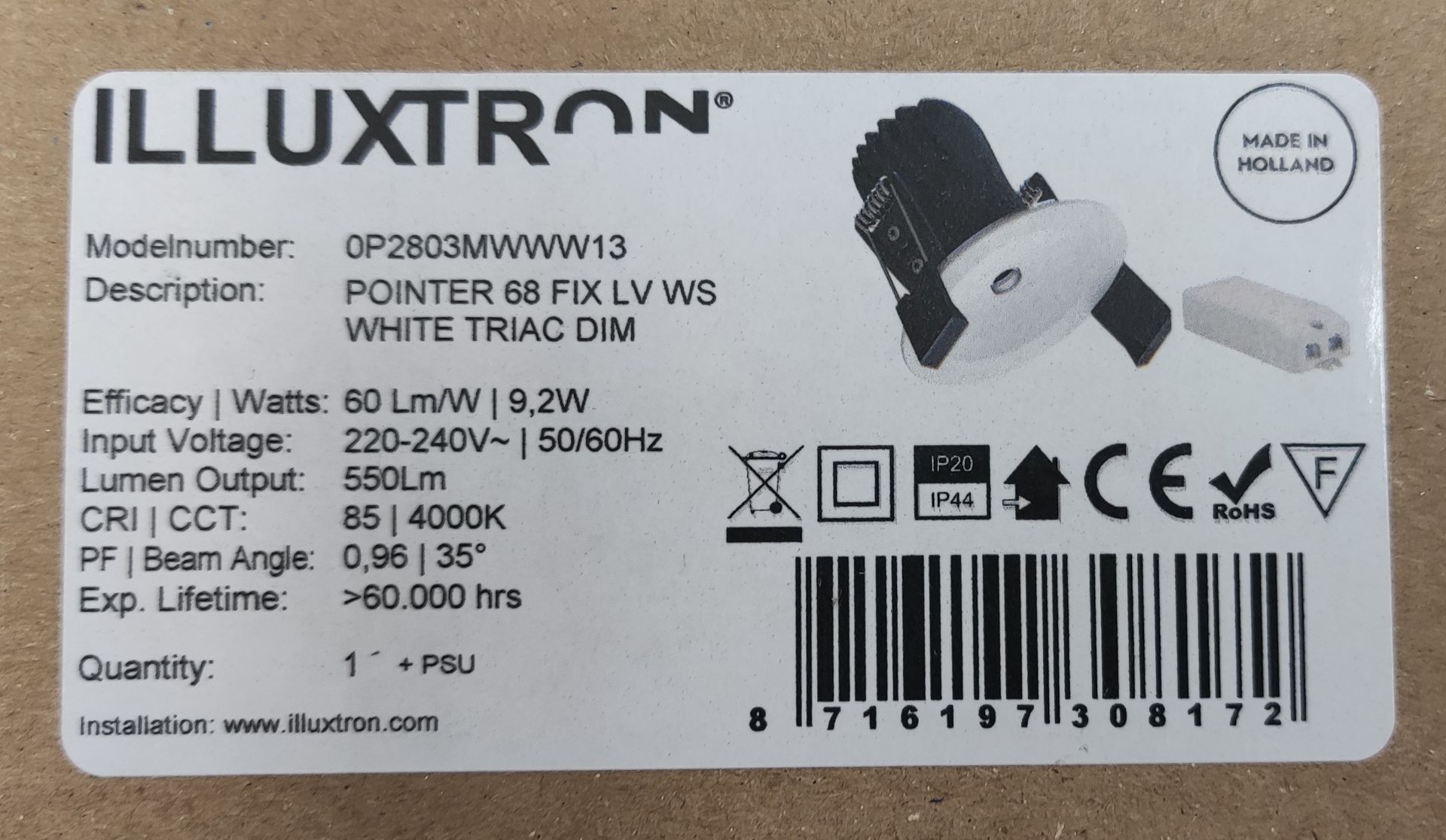 1 x ILLUXTRON Pointer 68 Fix Spotlight In White - Lv Ws Triac Dimmable 550Lm 4000K 35 Deg With Psu - - Image 3 of 6