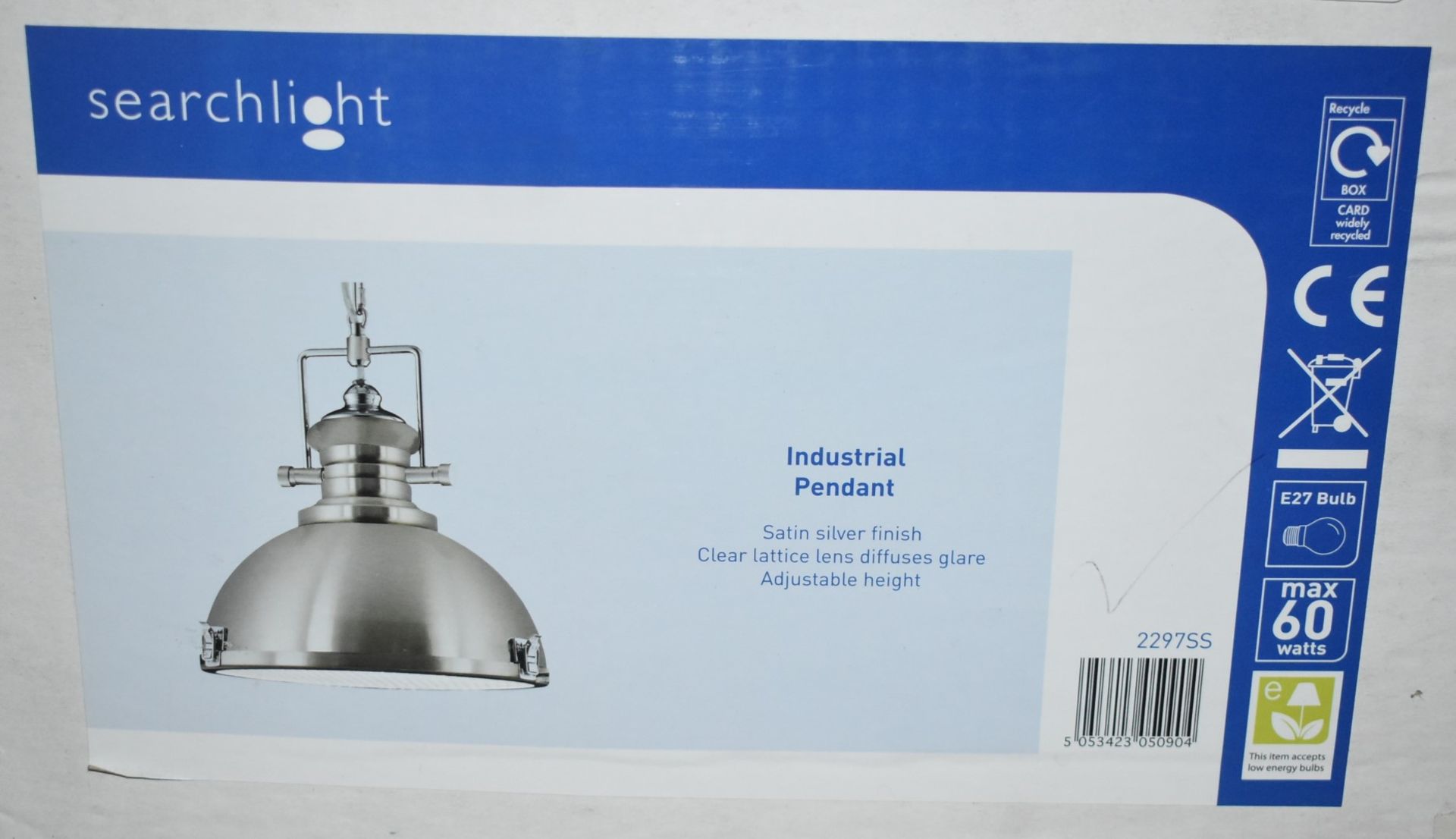 1 x Searchlight Industrial Style Pendant Light With Satin Silver Finish - Type: 2297SS - New Boxed - Image 3 of 3