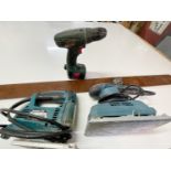 3 x Electric Power Tools Including a Makita 4329 Jigsaw, Erbauer Sander and Bosch Cordless Drill