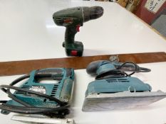 3 x Electric Power Tools Including a Makita 4329 Jigsaw, Erbauer Sander and Bosch Cordless Drill