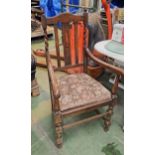3 x Antique Carver Dining Chairs - Crafted From Oak Featuring Barley Twist Spindles and Fabric Seats