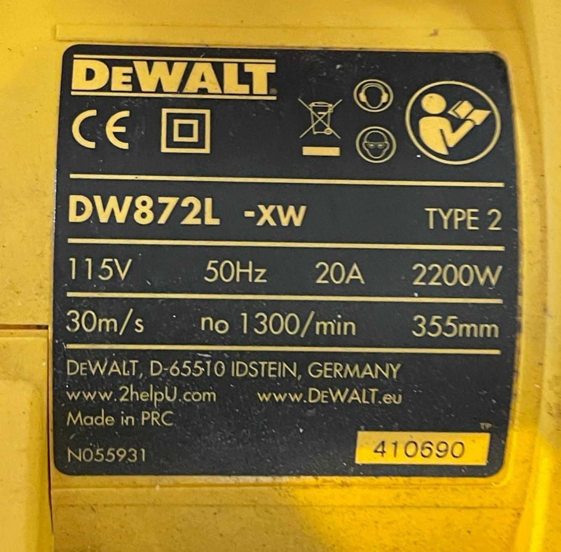 1 x Dewalt Electric 355mm Metal Cutting Chop Saw - 2200w - 110v - Model DW872L-XW - Image 2 of 5