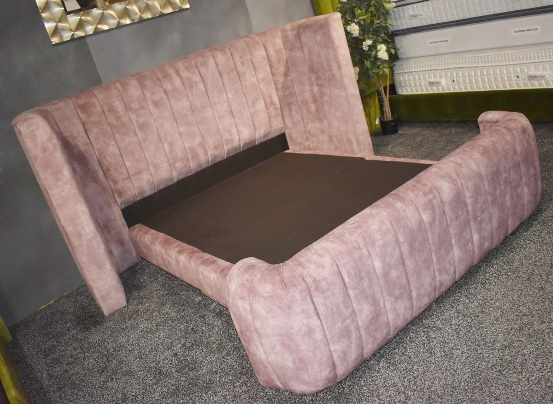 1 x Kingsize Bedframe, Richly Upholstered in a Premium Pink Chenille - Luxury Furniture Showroom - Image 2 of 5