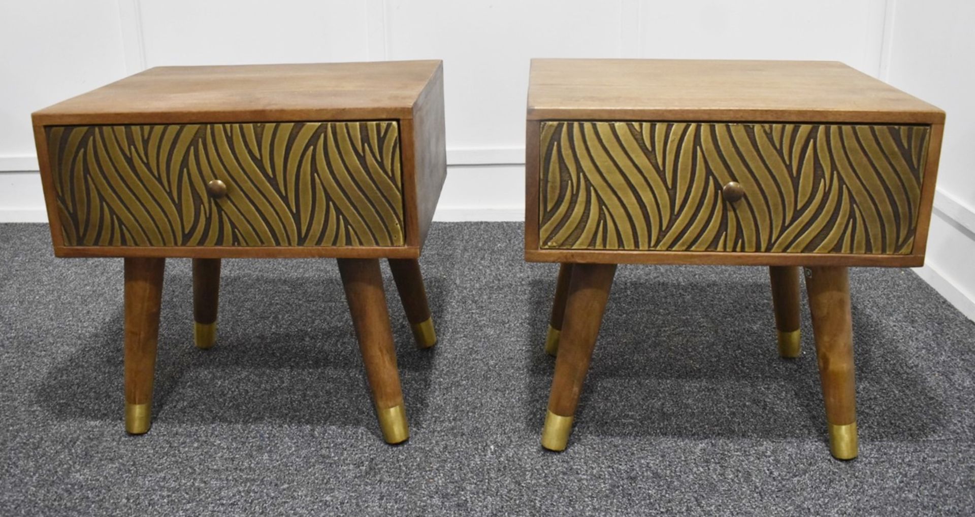 A Pair Of DUTCH IMPORTS Stylish Embossed Leaves Brass Fronted Wooden Bedside Tables with 1-Drawer - Image 2 of 6