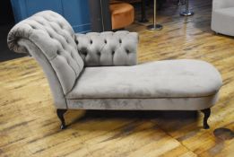 1 x Button-Back Chaise Lounge Hand-Upholstered in a Premium Mink Coloured Velvet, with Studded