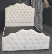 1 x Velvet Upholstered Bedframe with Button-back Headboard and Footboard - Colour: Pale Cream -