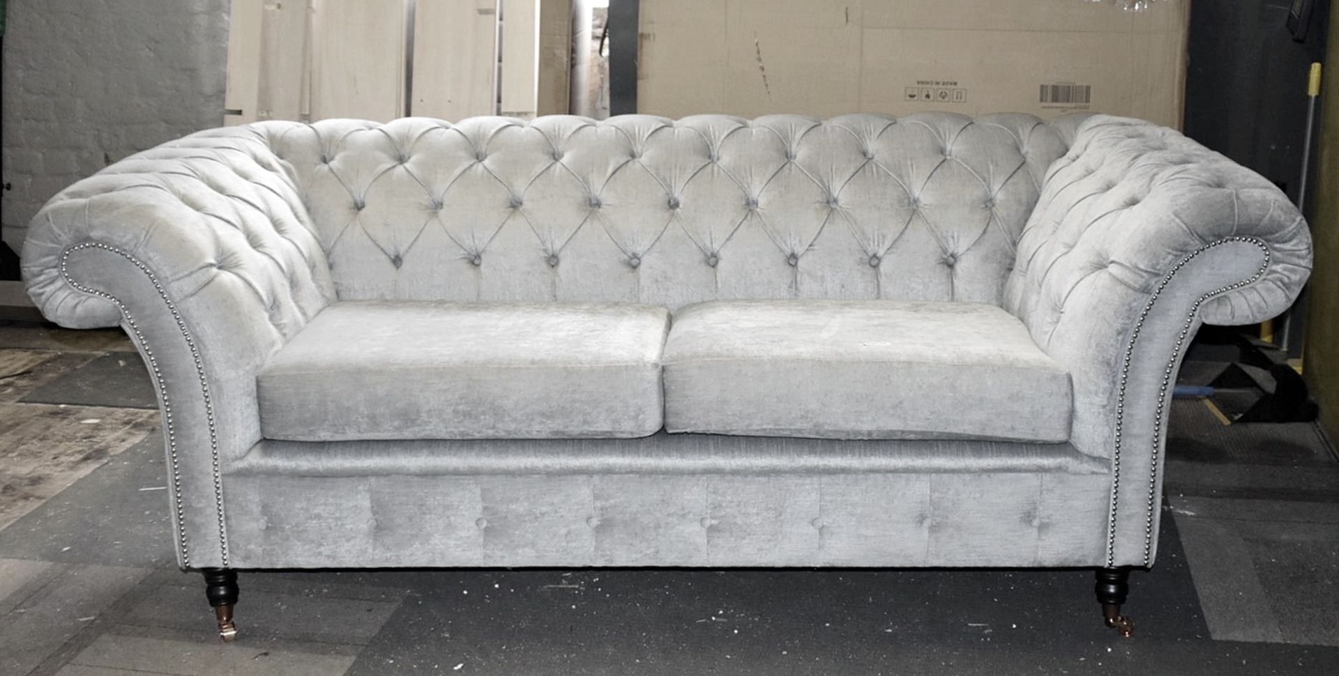 1 x Chesterfield-style Velvet Upholstered Sofa, on Castors, 2.2-Metres Wide  - Luxury Furniture