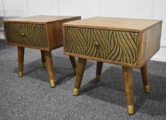 A Pair Of DUTCH IMPORTS Stylish Embossed Leaves Brass Fronted Wooden Bedside Tables with 1-Drawer
