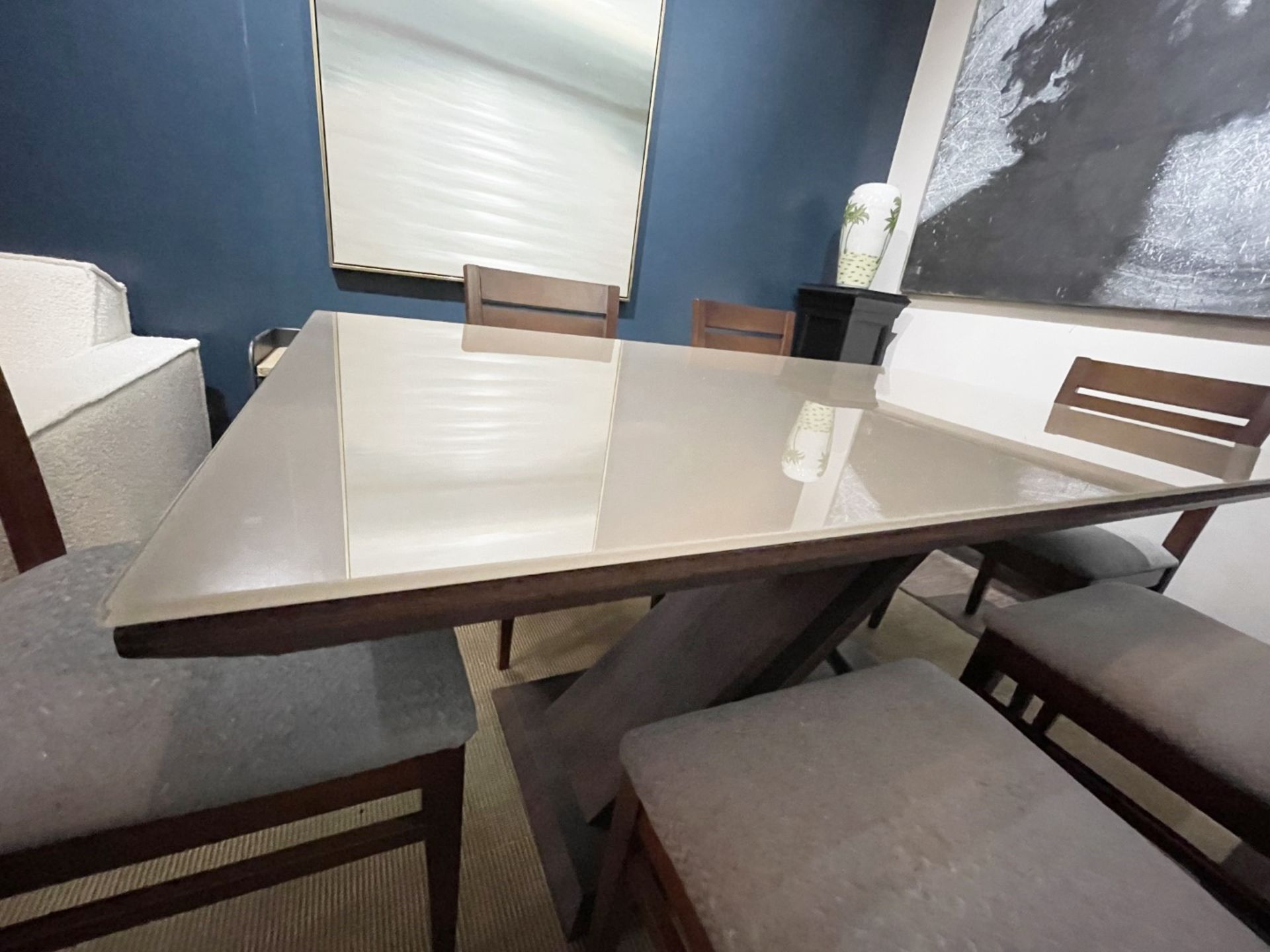 1 x VALUE MARK Rectangular Glass Topped Dining Table + 6 x Wooden Dining Chairs - Luxury Furniture - Image 5 of 23