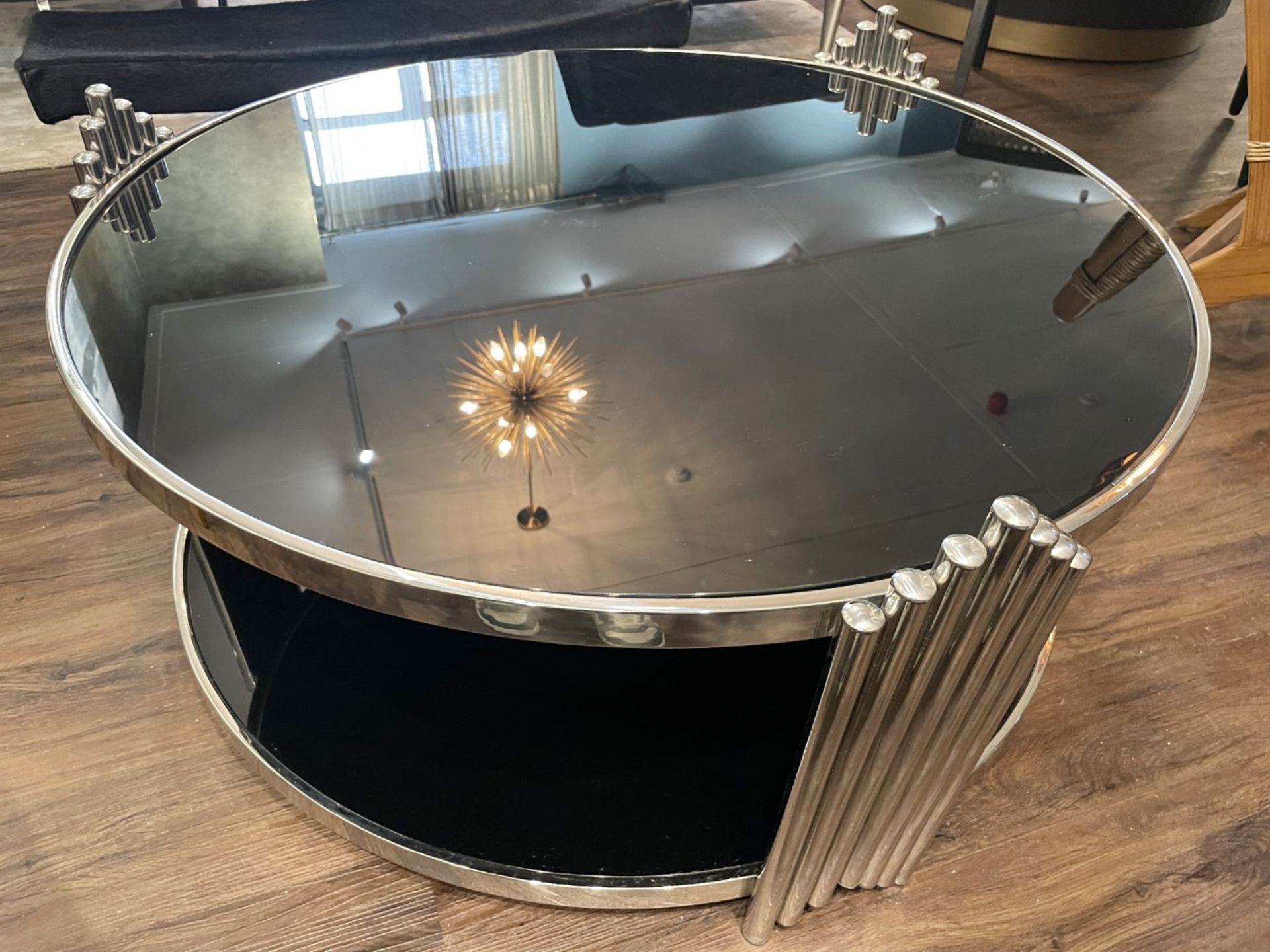 1 x Designer Opulent Black Glass Lined 2-Tier Coffee Table with a Metal Base and Pipe Decoration - Image 2 of 6