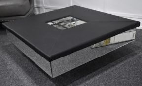 1 x Square Black Leather Upholstered Mirrored Coffee Table With Center Planter - Original RRP £3,000
