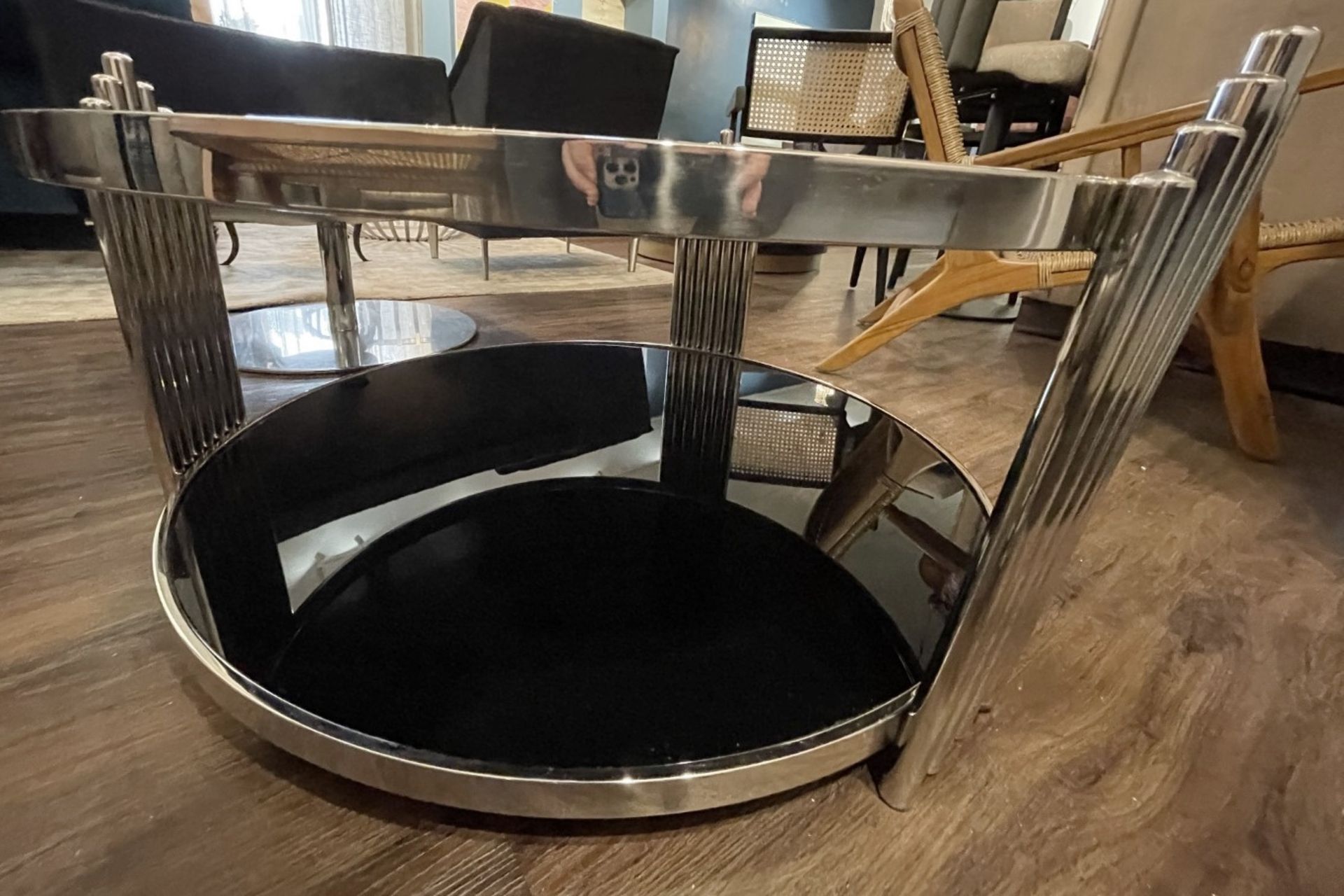1 x Designer Opulent Black Glass Lined 2-Tier Coffee Table with a Metal Base and Pipe Decoration - Image 5 of 6