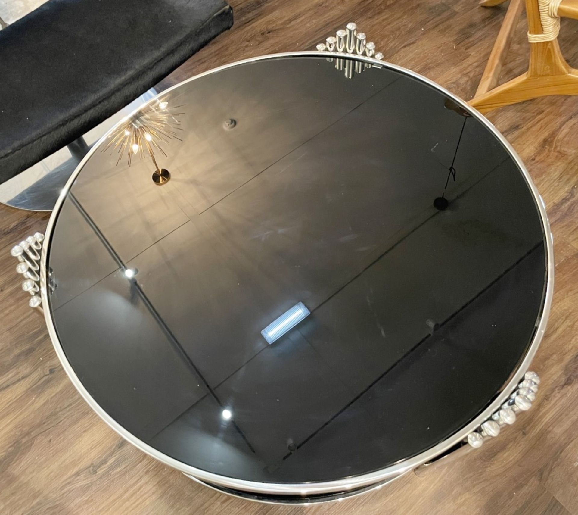 1 x Designer Opulent Black Glass Lined 2-Tier Coffee Table with a Metal Base and Pipe Decoration - Image 3 of 6