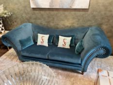 1 x Large Shaped Velvet Opulent Upholstered & Studded Sofa in Blue - Original Price £1,795.00
