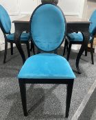 4 x Black Dining Chairs With Bright Blue Velvet Upholstery - Recently Removed from a Luxury Furnitur