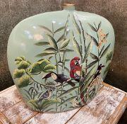 1 x Decorative Hand-painted Pilgrim Flask Vase with Exotic Birds Design - Luxury Showroom Example