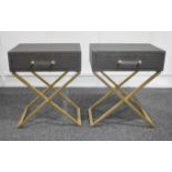 A Pair Of Designer Brand Cross Leg 1-Drawer Upholstered Bedside Tables in Grey - Luxury Furniture