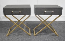 A Pair Of Designer Brand Cross Leg 1-Drawer Upholstered Bedside Tables in Grey - Luxury Furniture