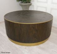 1 x Round Dark Stained Elm and Poplar Wooden Coffee Table with Brushed Metal Detail - RRP £1,200