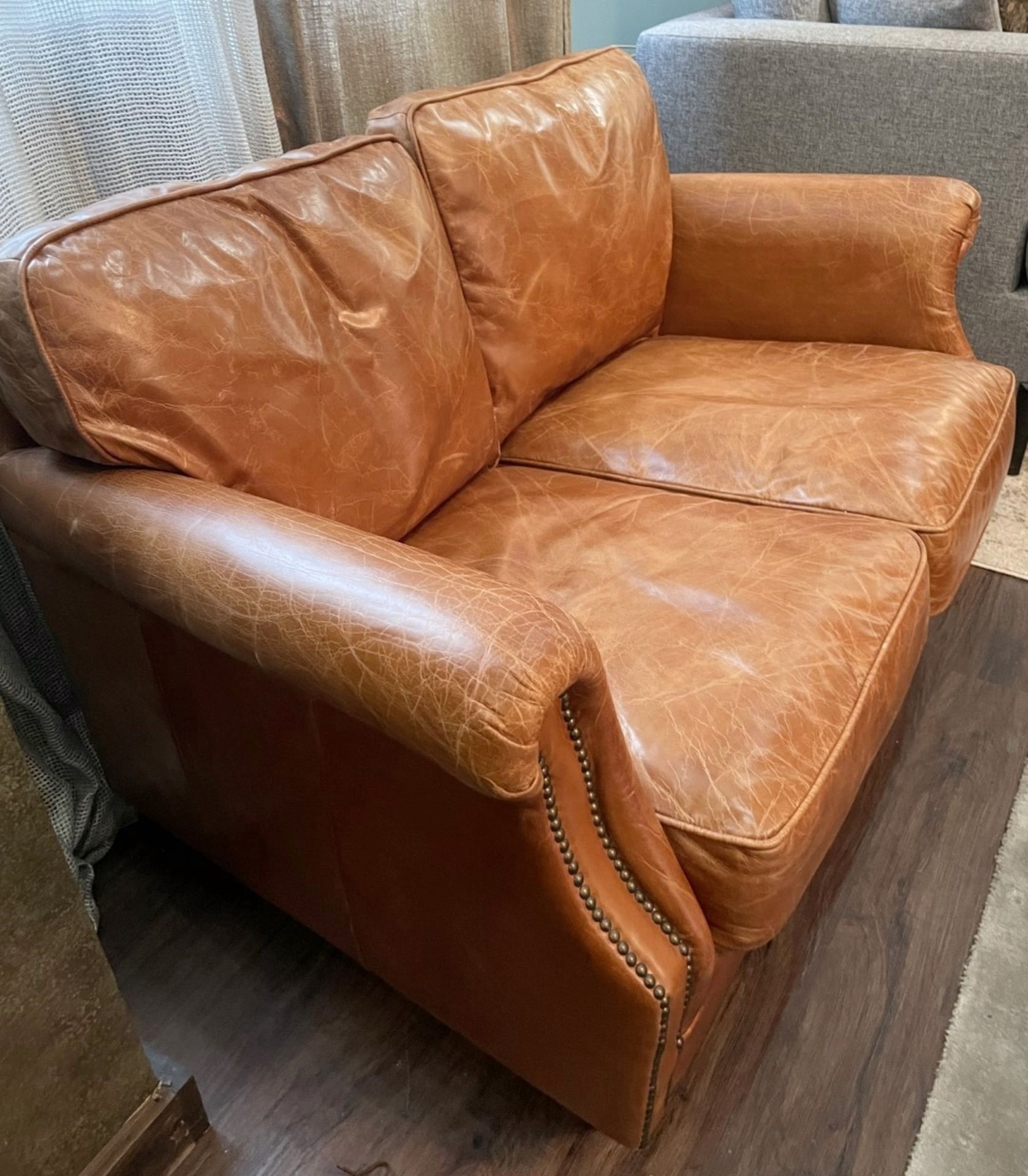 1 x Carlton Vintage Tan Leather Upholstered 2-Seater Sofa - Recently Removed from a Luxury Furniture - Image 2 of 8