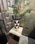 1 x Short Rustic Wooden Topped Display Table With Decorative White & Gold Flower Vase - Luxury
