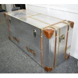 1 x Aviation-style Aluminium & Leather Clad 2-Drawer Trunk Storage Unit / Table in Silver & Tan