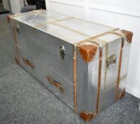 1 x Aviation-style Aluminium & Leather Clad 2-Drawer Trunk Storage Unit / Table in Silver & Tan