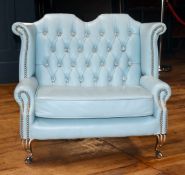 1 x Opulent Bespoke Artisan-Built Child-Size Button Back Wing-back Armchair with Baby Blue Faux