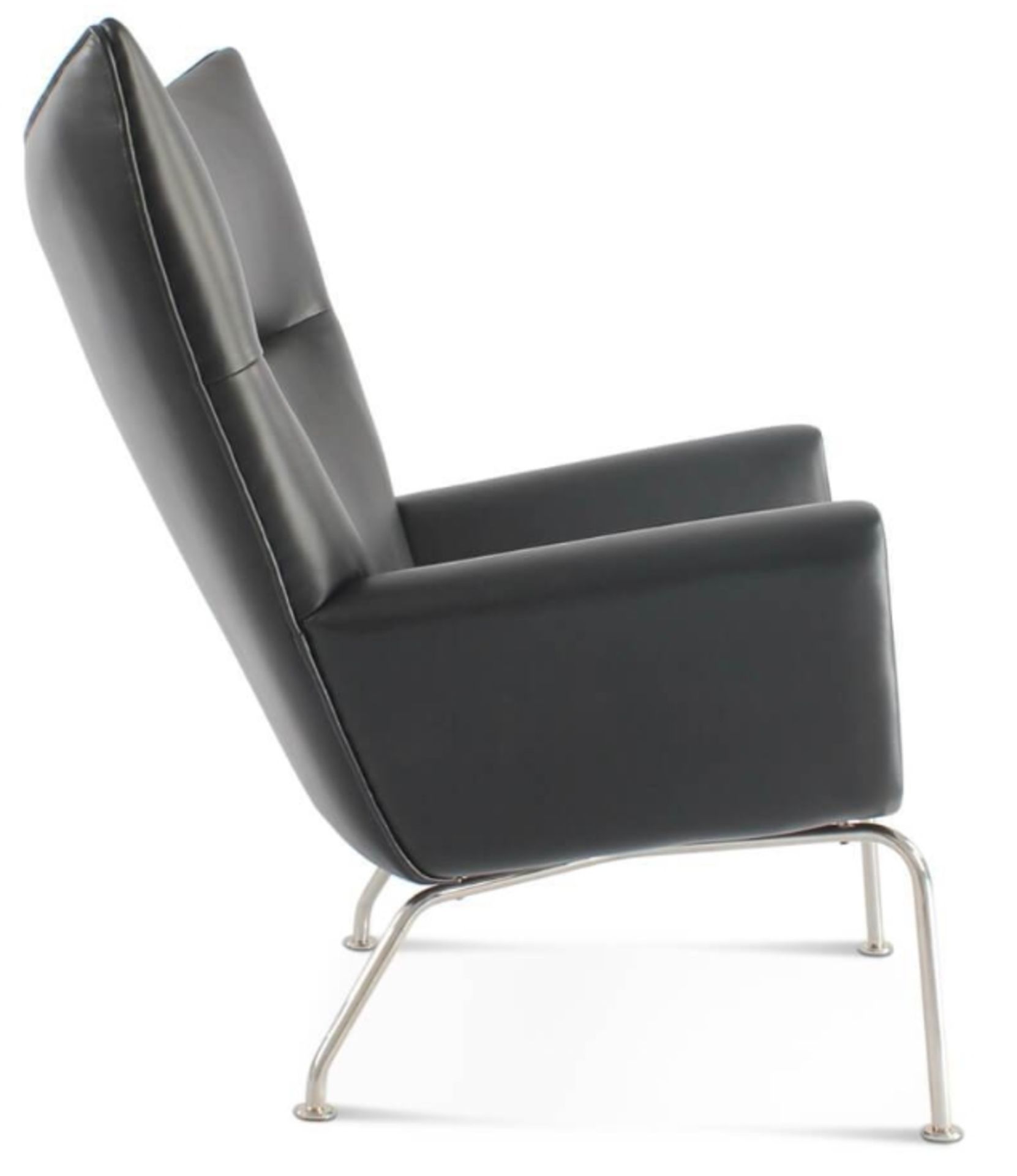 1 x Hans Wegner Inspired Wing Arm Chair - Genuine Black Leather Upholstery - Image 9 of 11