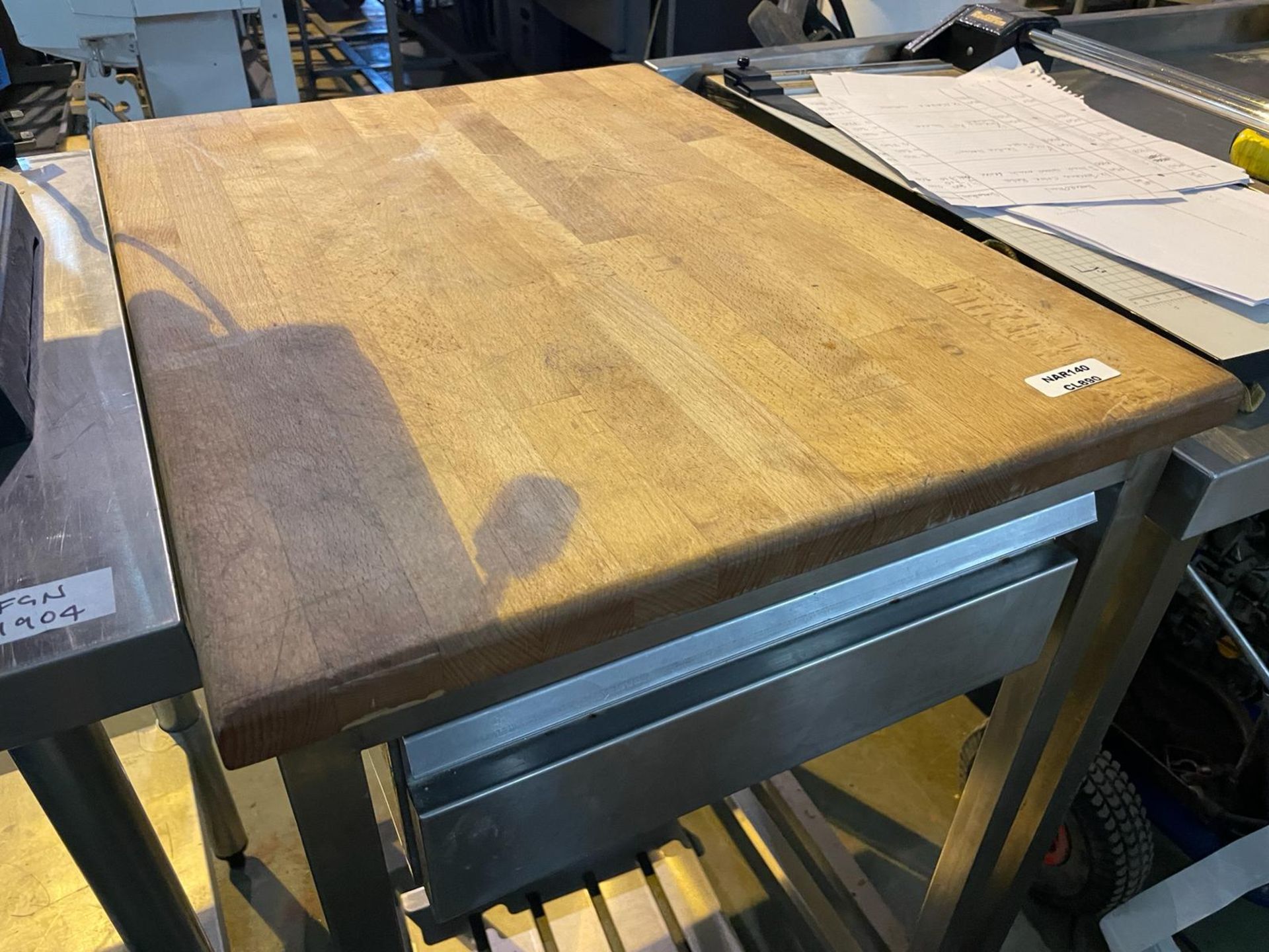 1 x Stainless Steel Prep Table With Wooden Cutting Top and Drawer - Image 2 of 7