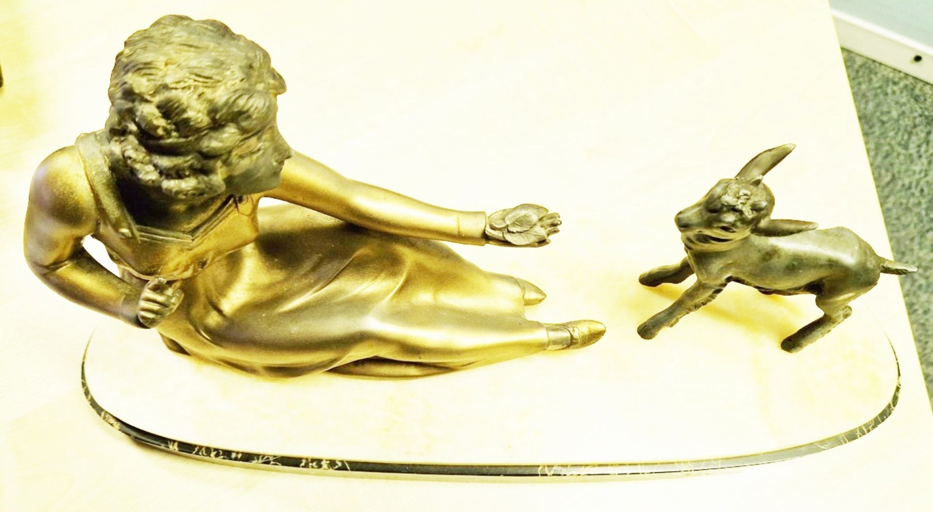 1 x Art Deco Style Bronze Statue Of Woman Feeding Goat On A Marble Base - Image 3 of 7