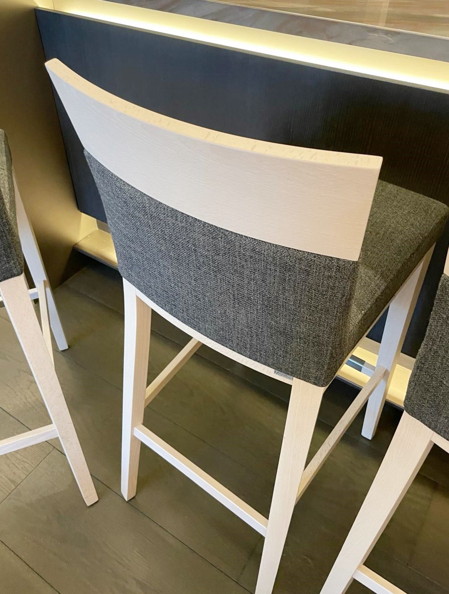 3 x MONTBEL Designer Bar Stools With Light Stained Frames And Grey Fabric Upholstery - Image 11 of 18