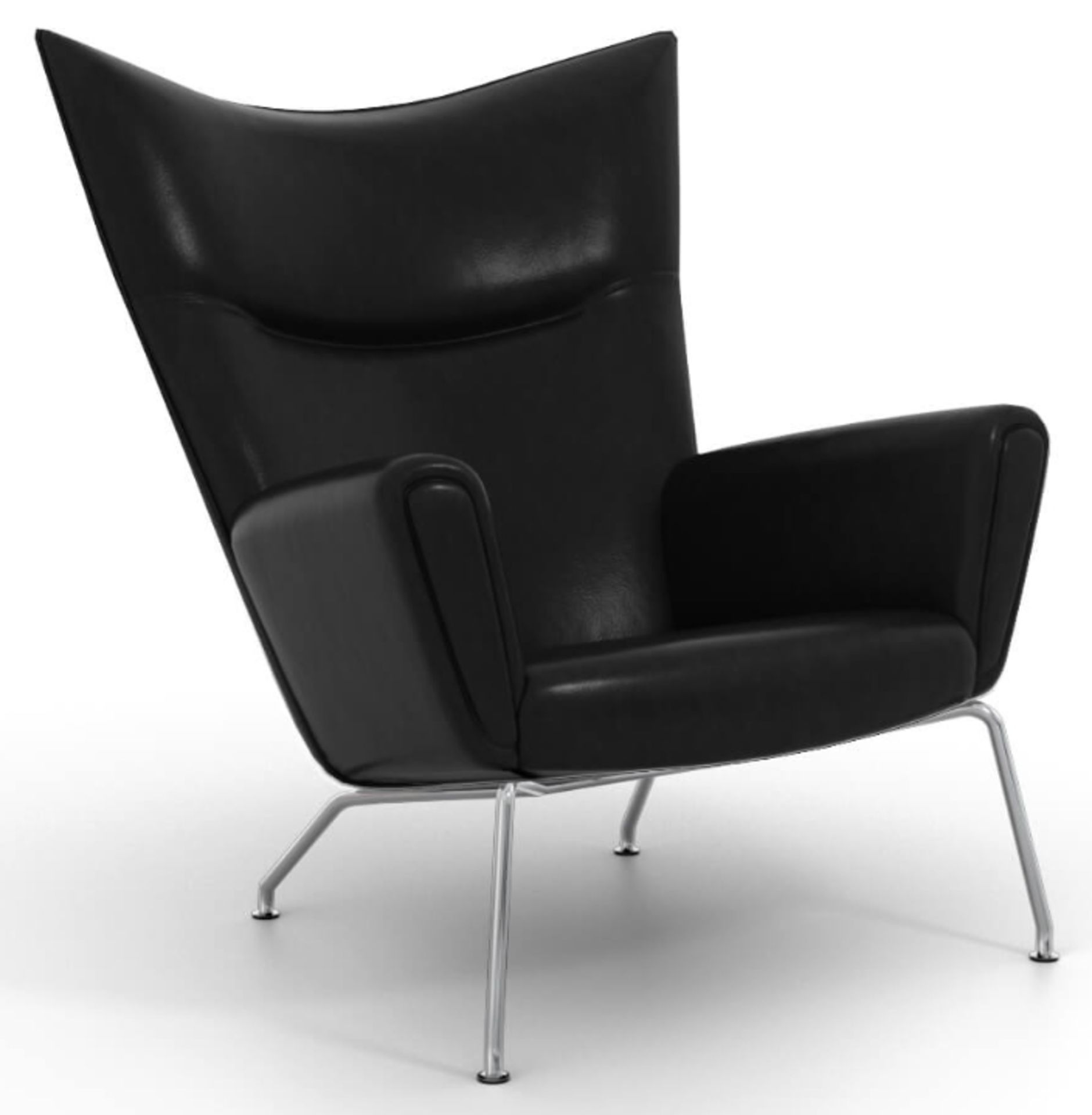 1 x Hans Wegner Inspired Wing Arm Chair - Genuine Black Leather Upholstery - Image 10 of 11